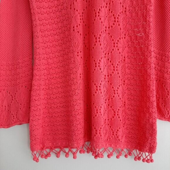 LILLY PULITZER / Pom-Pom Trim V-Neck Knit / Crochet Tunic Top Bright Pink Sz M - Picture 4 of 16